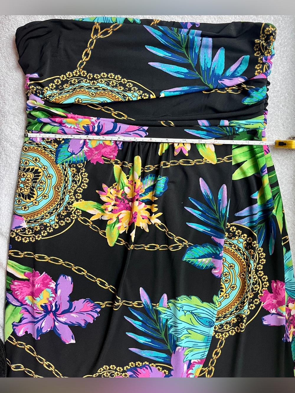 Jennifer Lopez SEXY Black Strapless Tropical Print Dress chain pattern L - Picture 8 of 11